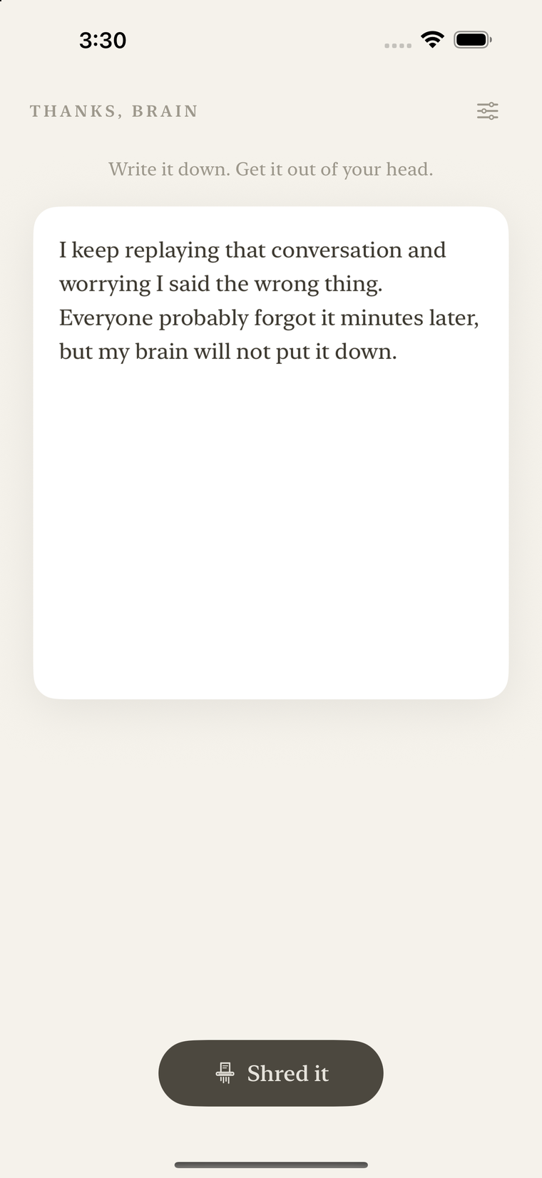 The Thanks, Brain writing screen: a worry written on a paper card, above a &ldquo;Shred it&rdquo; button