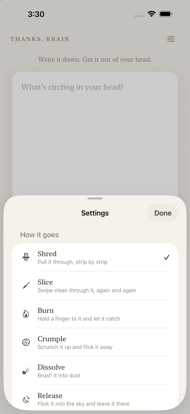 The settings sheet listing the six destruction methods with hand-drawn icons