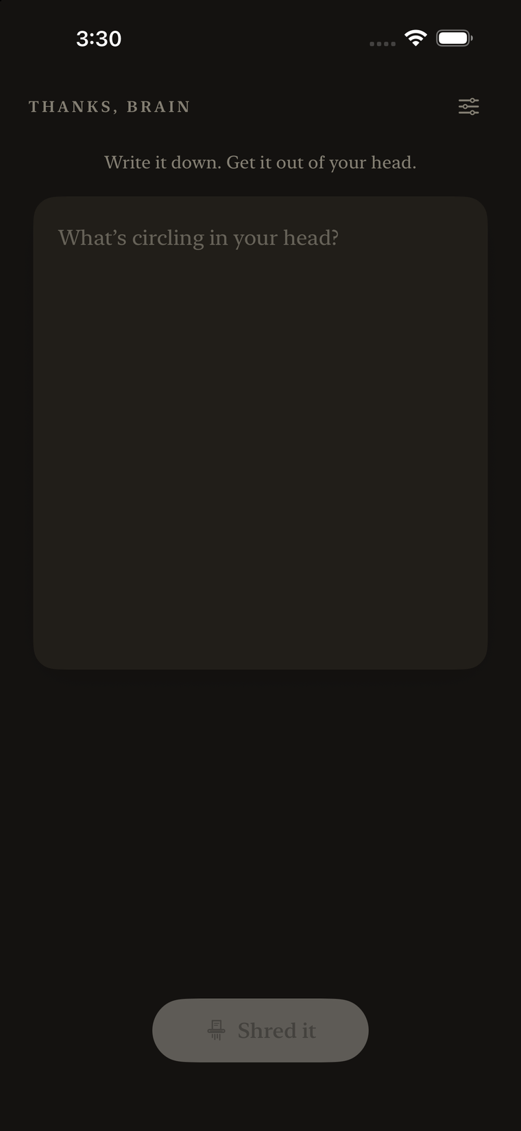 The writing screen in dark mode